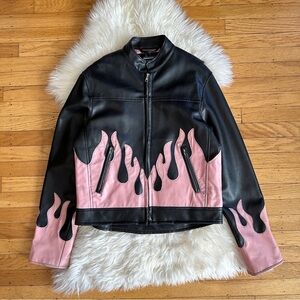 vintage y2k pink flames fire vegan leather moto black jacket small medium large